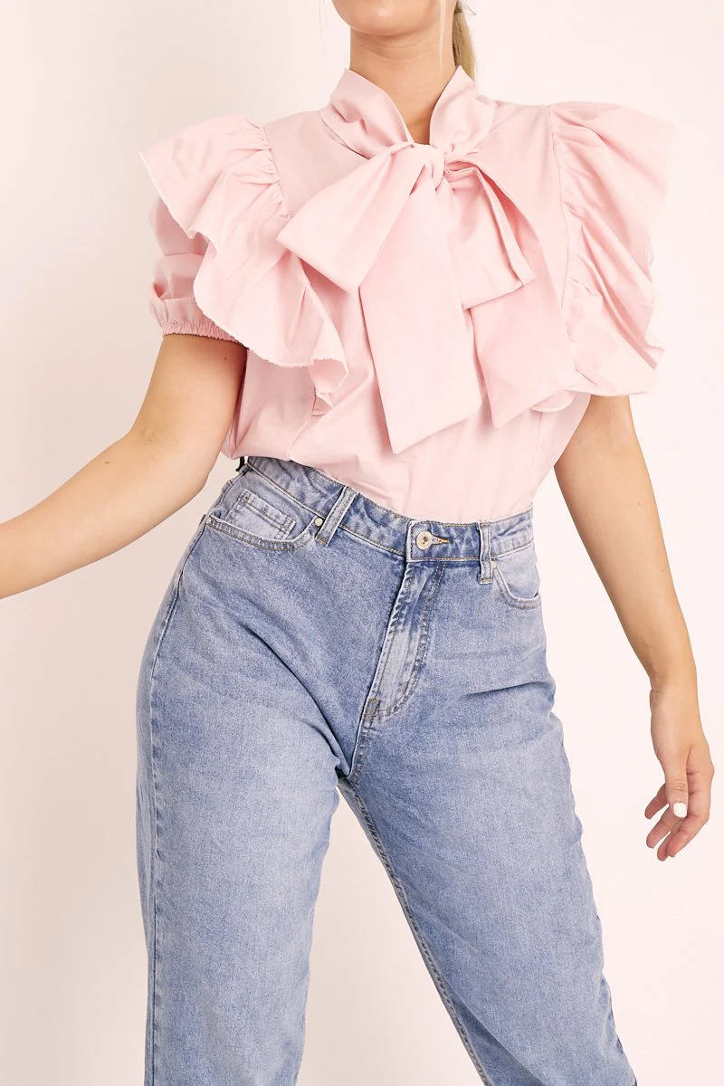 Baby Pink Ruffle Bow Shirt - Galina - Image 4