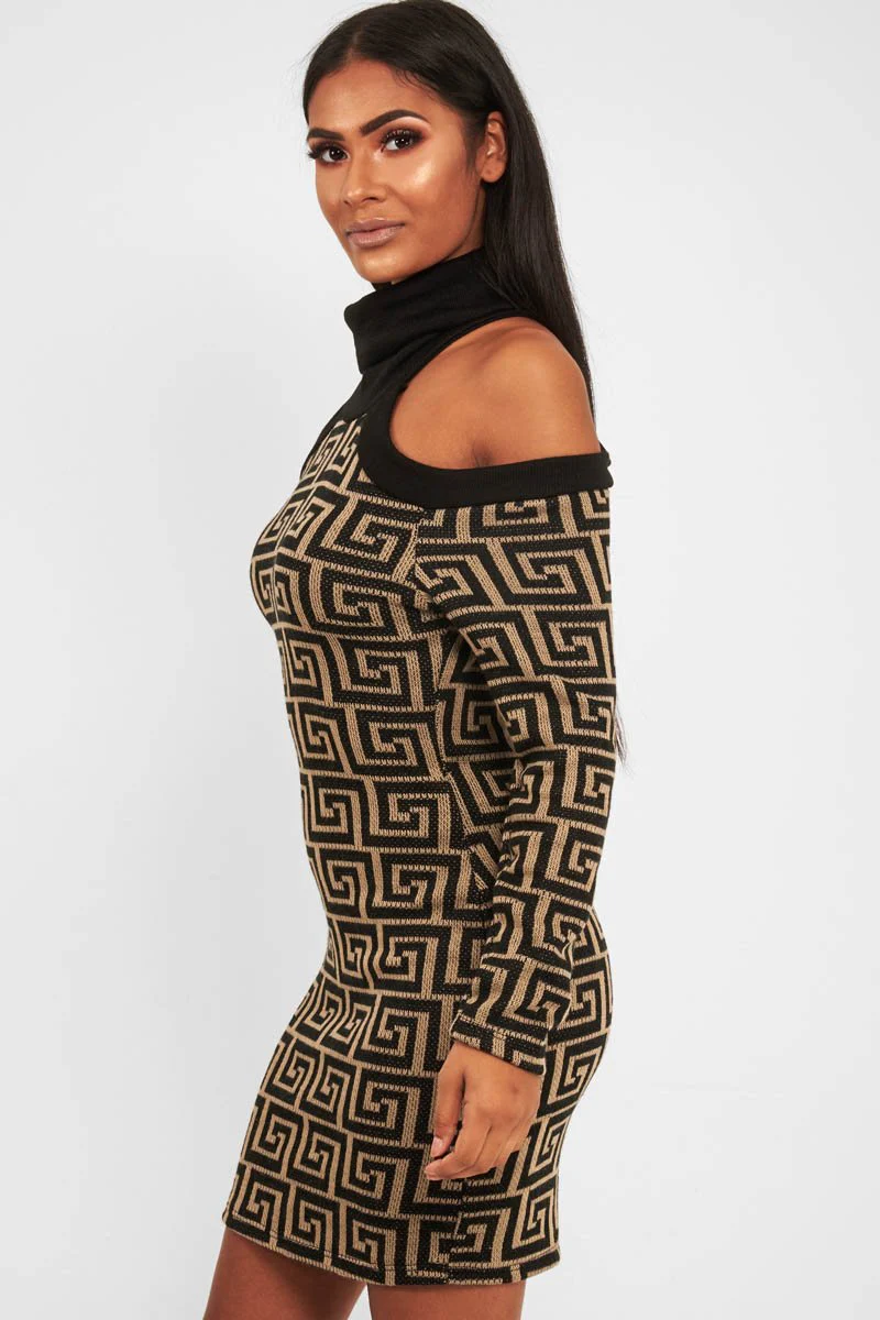 Beige Black Repeat Pattern Cold Shoulder Dress - Donya - Image 3