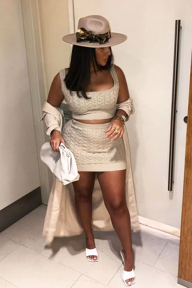 Beige Cable Knit Crop Top Skirt Co-ord - Vennie - Image 7