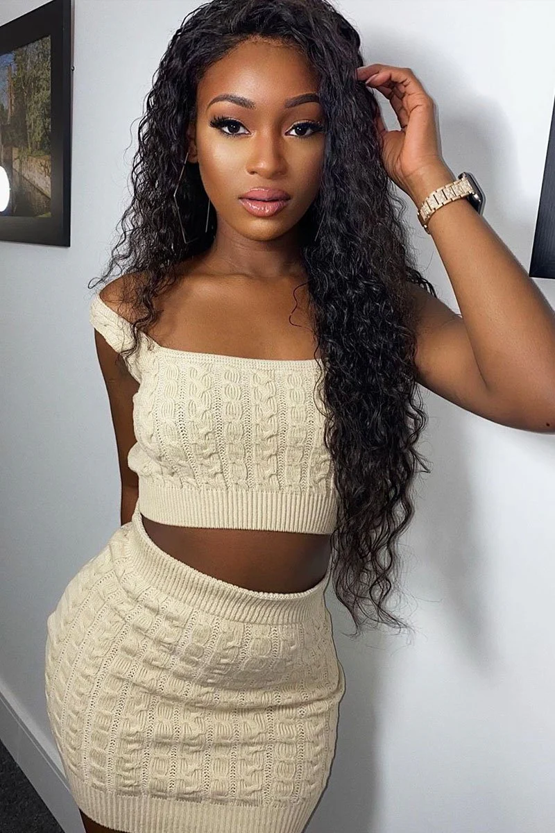 Beige Cable Knit Crop Top Skirt Co-ord - Vennie - Image 9