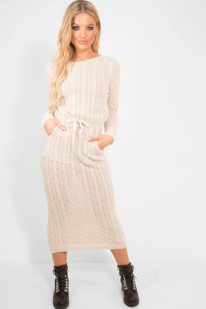 Beige Cable Knit Drawstring Waist Dress - Rhea - Image 4