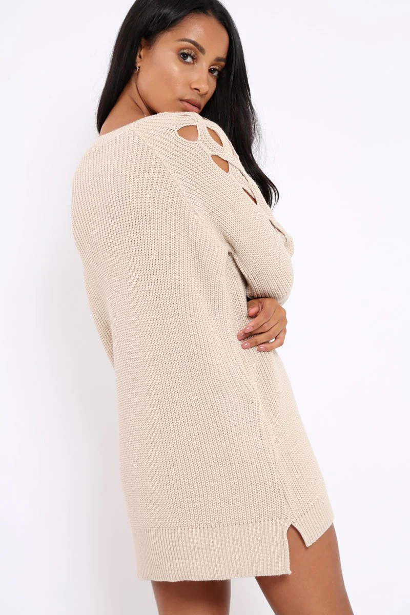 Beige Cable Knit Jumper Dress with Cut out Detail - Daysie - Image 4