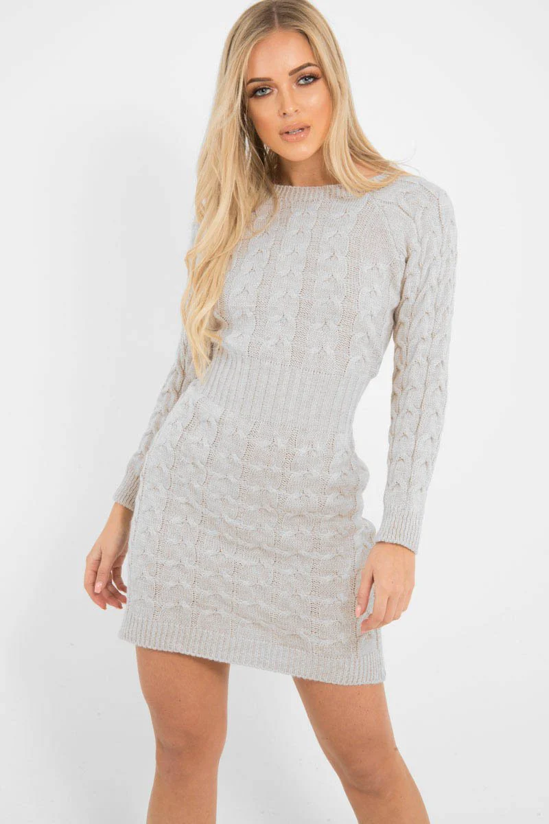 Beige Cable Knit Jumper Midi Dress - Jaylie - Image 3
