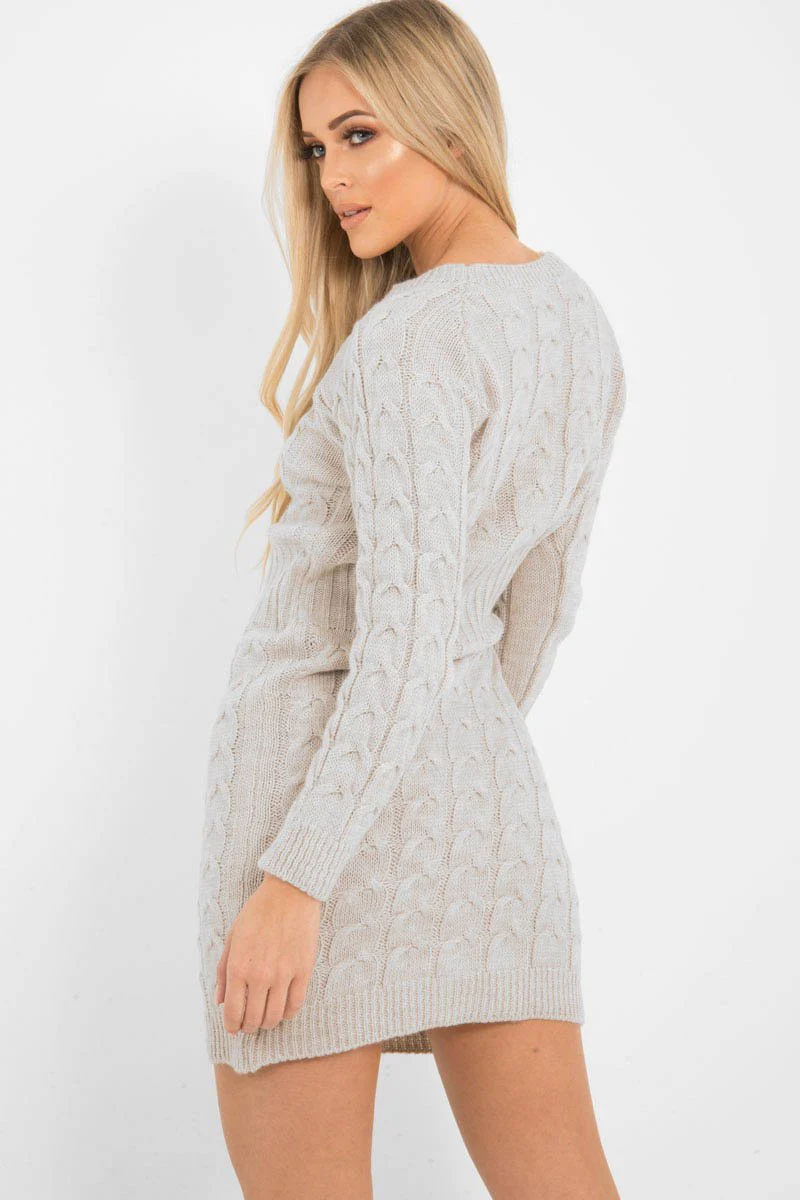 Beige Cable Knit Jumper Midi Dress - Jaylie - Image 6