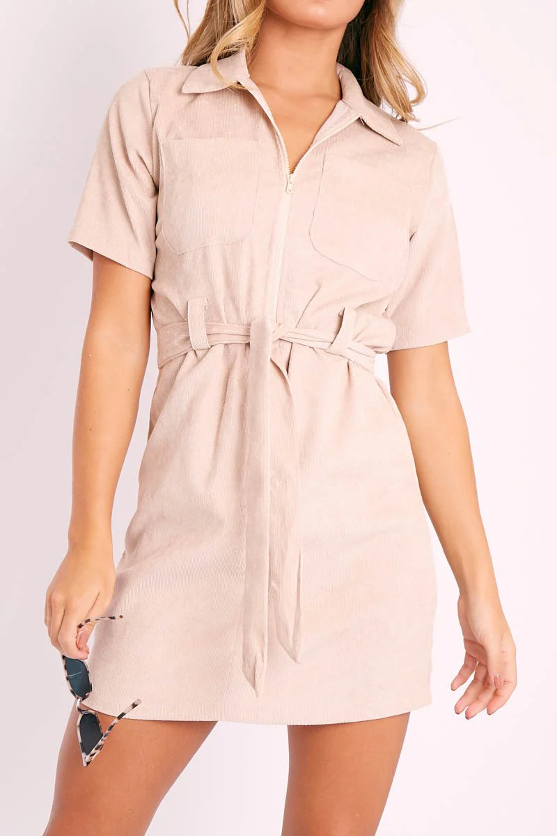 Beige Cord Zip Front Collar Belted Dress - Jakyia - Image 3
