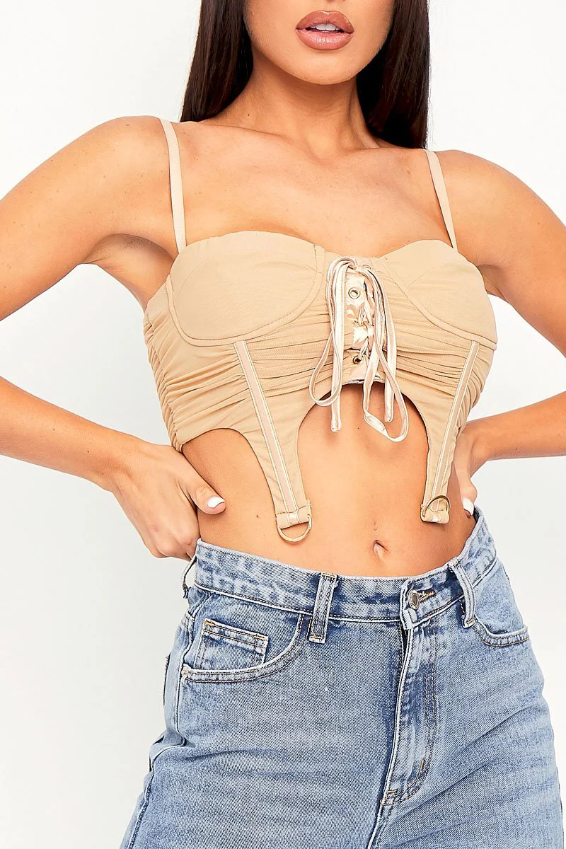Beige Corset Lace Front Crop Top - Huda - Image 4