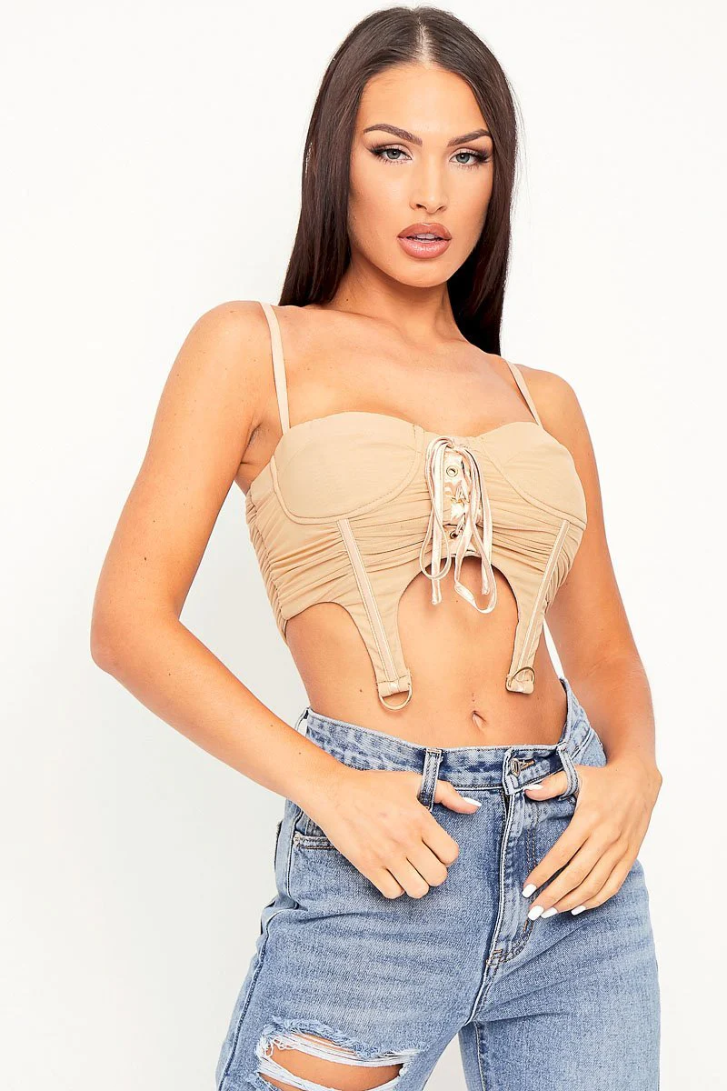 Beige Corset Lace Front Crop Top - Huda - Image 5