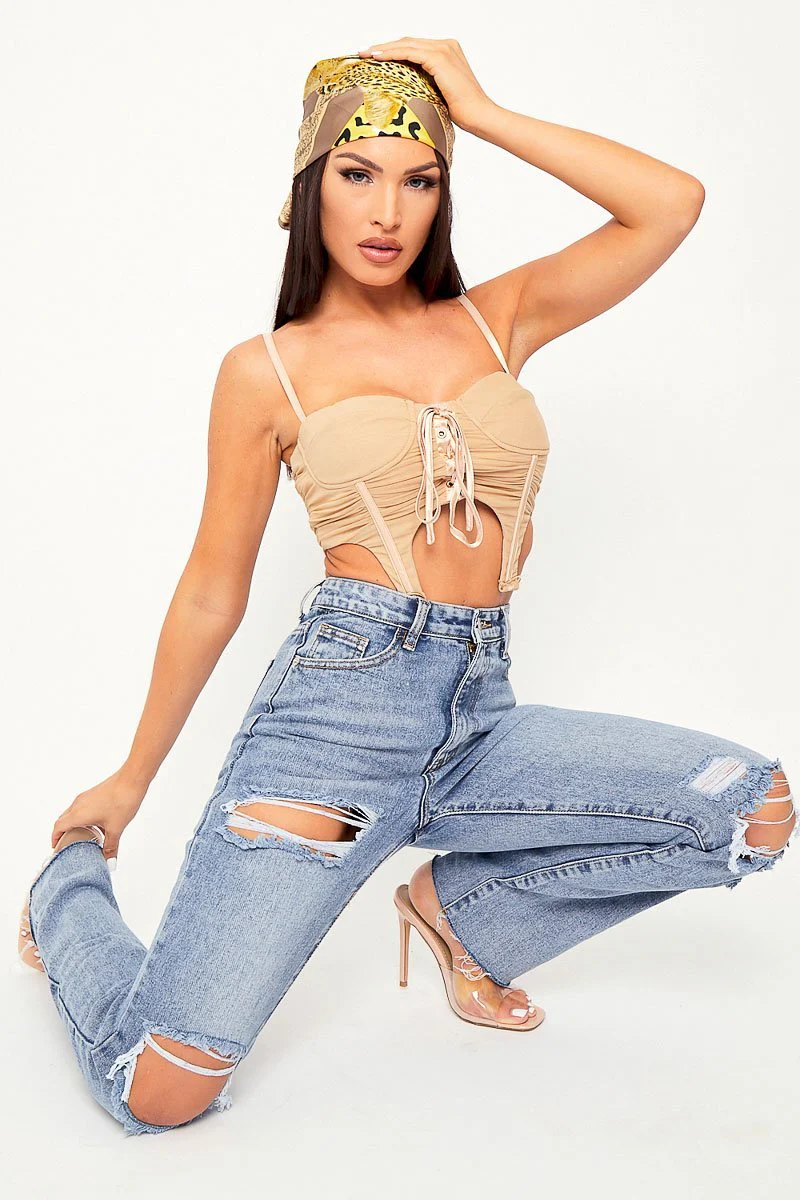 Beige Corset Lace Front Crop Top - Huda - Image 6