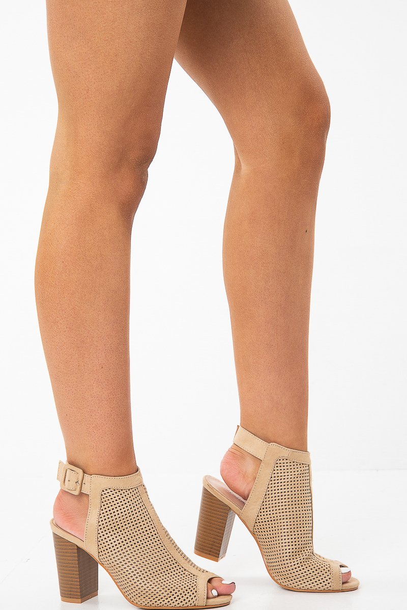 Beige Faux Suede Cage Front Block Heels - Shannon - Image 4