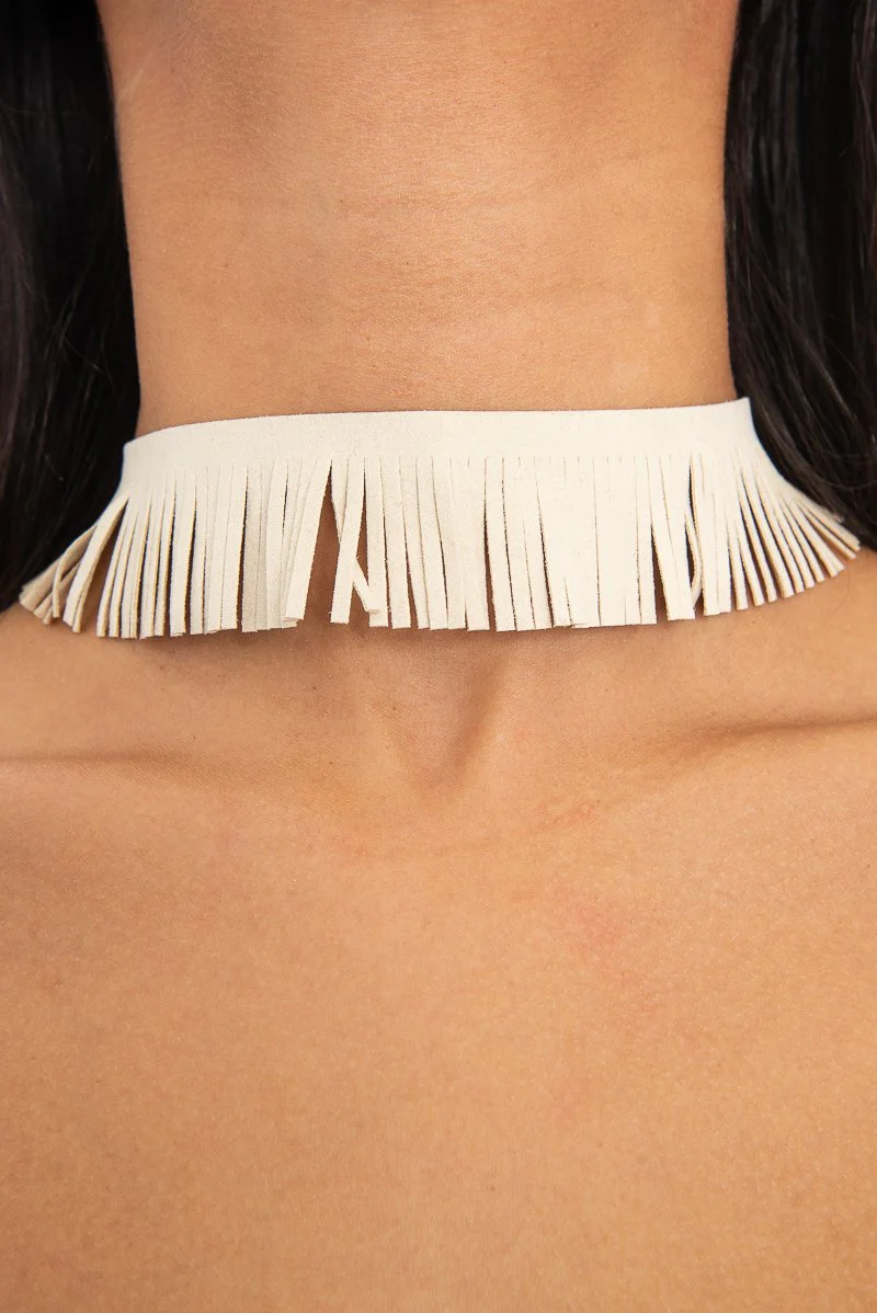 Beige Faux Suede Fringe Detail Choker - Shona - Image 5