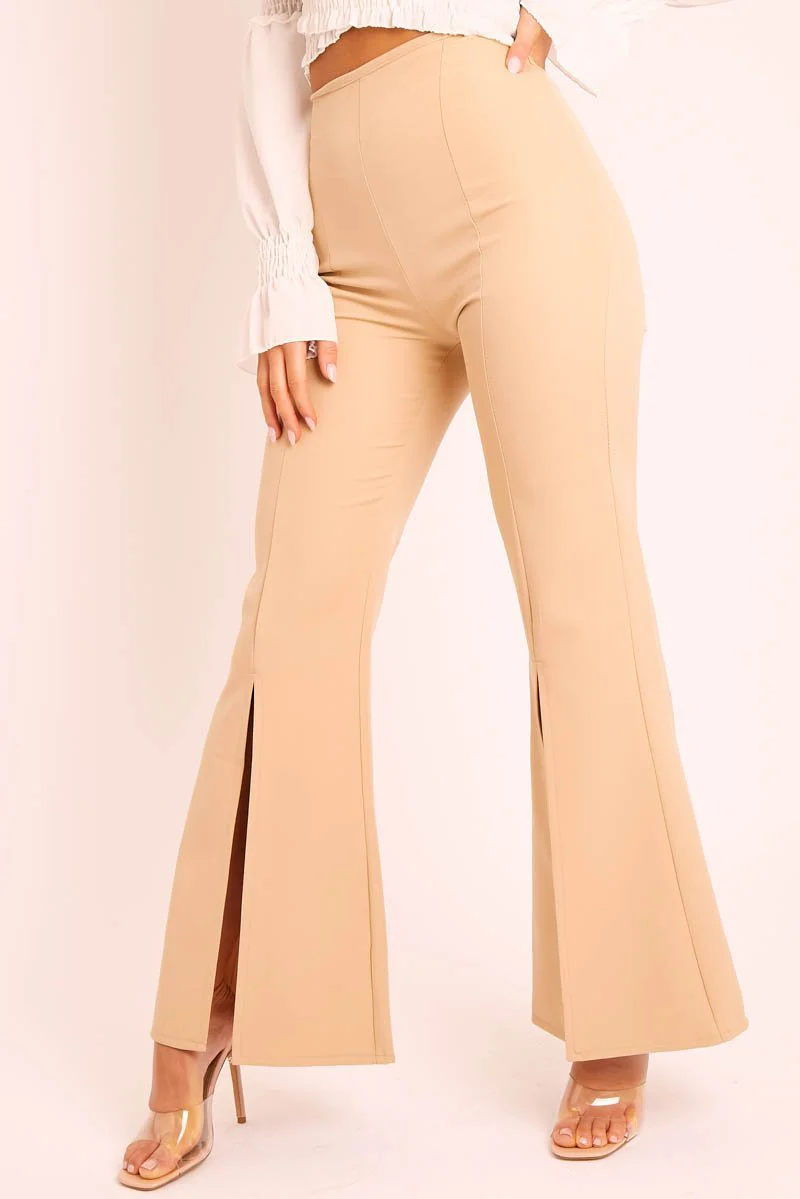 Beige High Waist Split Front Trousers - Adraya - Image 4