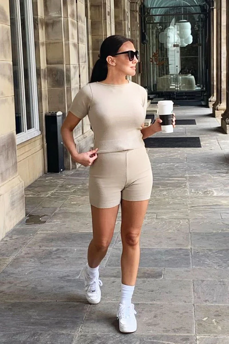 Beige Knit Crop Top Shorts Loungewear Set - Sofiah - Image 7