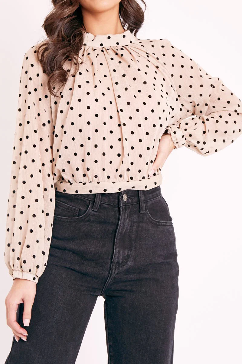Beige Metallic Polka Pleated Front Blouse - Cabella - Image 3