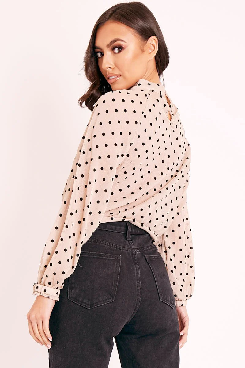 Beige Metallic Polka Pleated Front Blouse - Cabella - Image 4