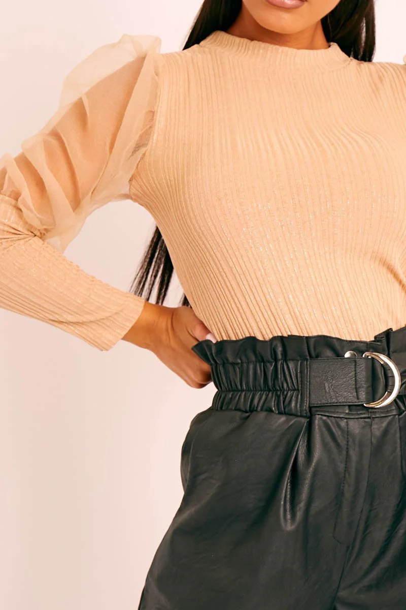 Beige Metallic Puff Sleeve High Neck Top - Blaike - Image 3