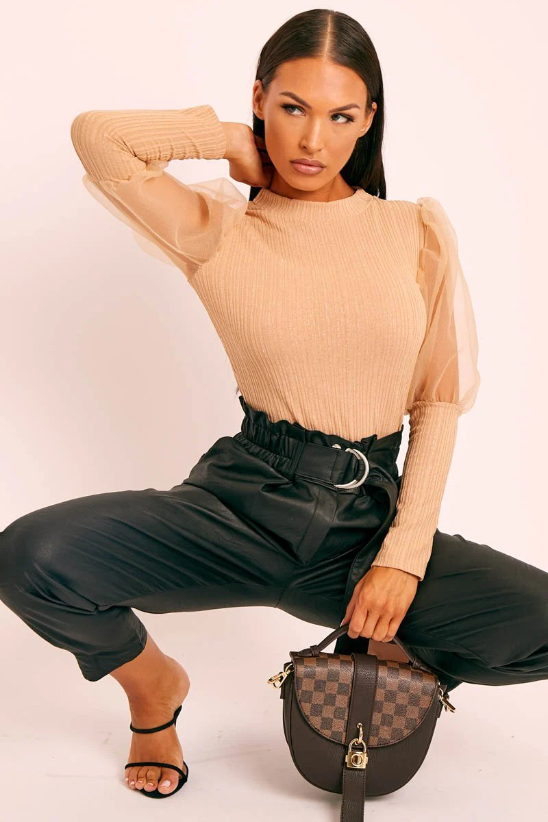 Beige Metallic Puff Sleeve High Neck Top - Blaike - Image 4