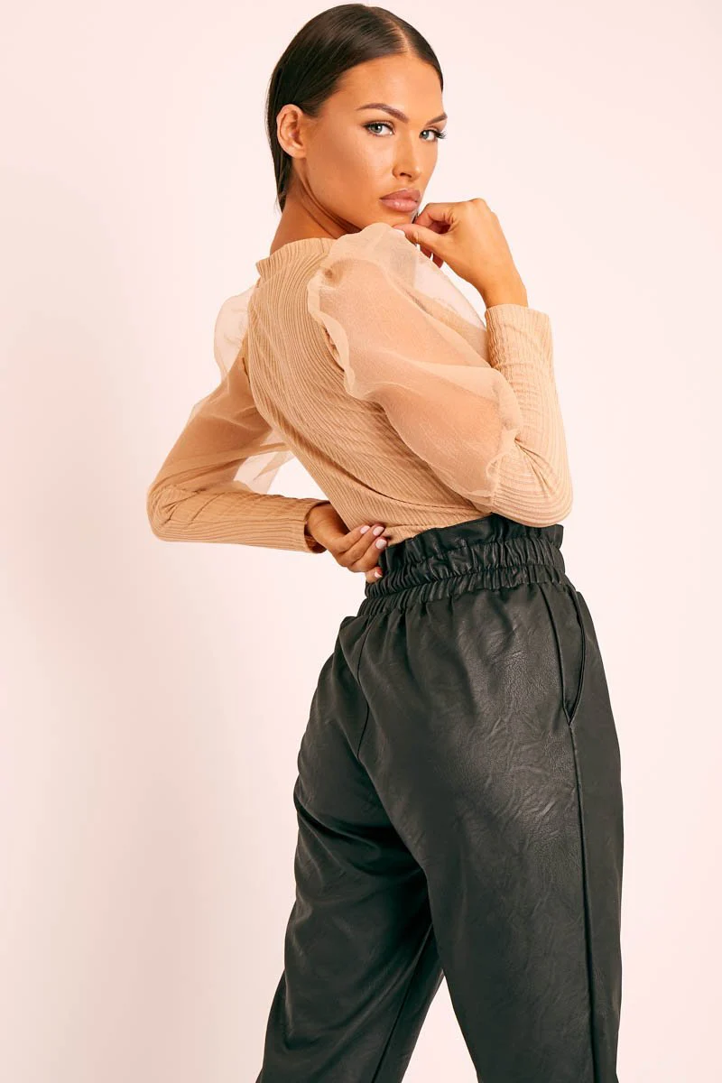 Beige Metallic Puff Sleeve High Neck Top - Blaike - Image 5