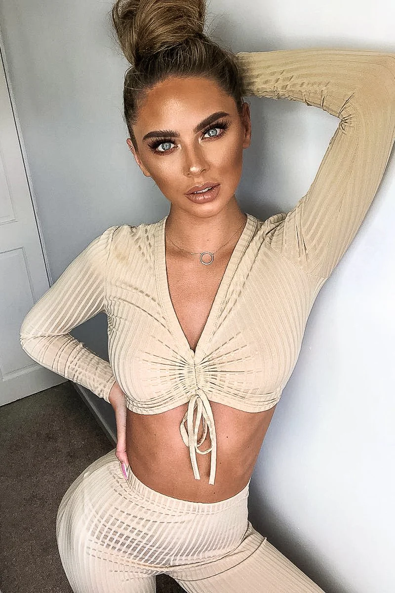 Beige Rib Ruched Front Crop Top Legging Loungewear Co-Ord - Victoria - Image 6