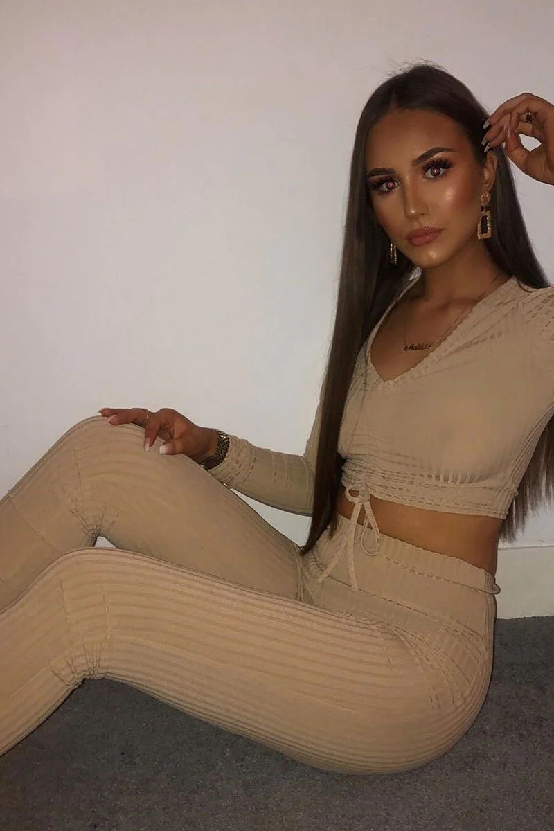 Beige Rib Ruched Front Crop Top Legging Loungewear Co-Ord - Victoria - Image 8