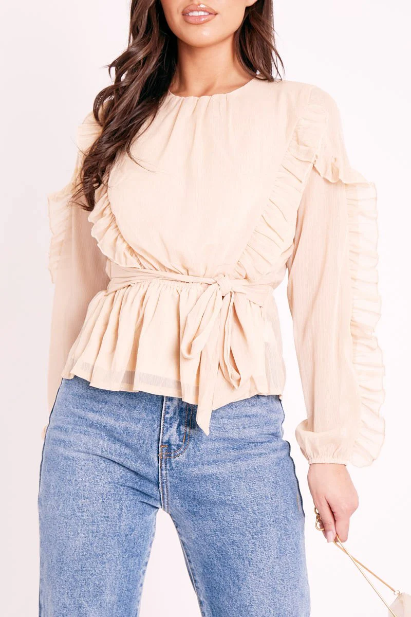 Beige Ruffle Belted Waist Metallic Finish Blouse - Betsey - Image 4
