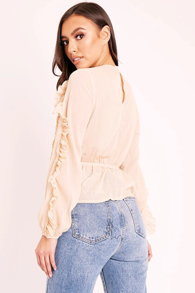 Beige Ruffle Belted Waist Metallic Finish Blouse - Betsey - Image 5