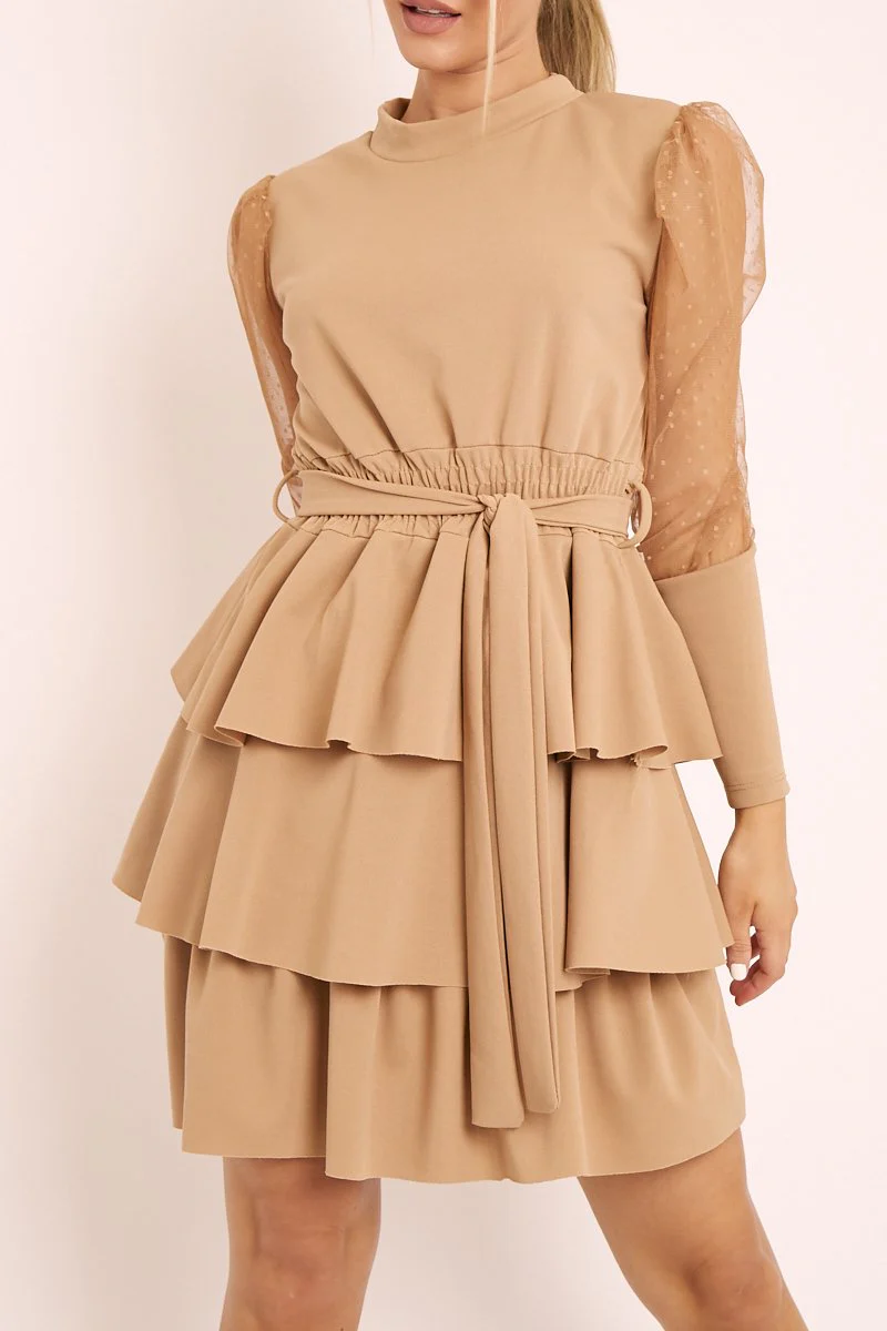 Beige Tiered Skirt Belted Dress - Cassia - Image 3