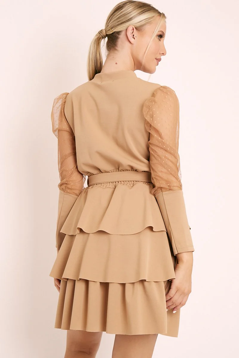 Beige Tiered Skirt Belted Dress - Cassia - Image 4