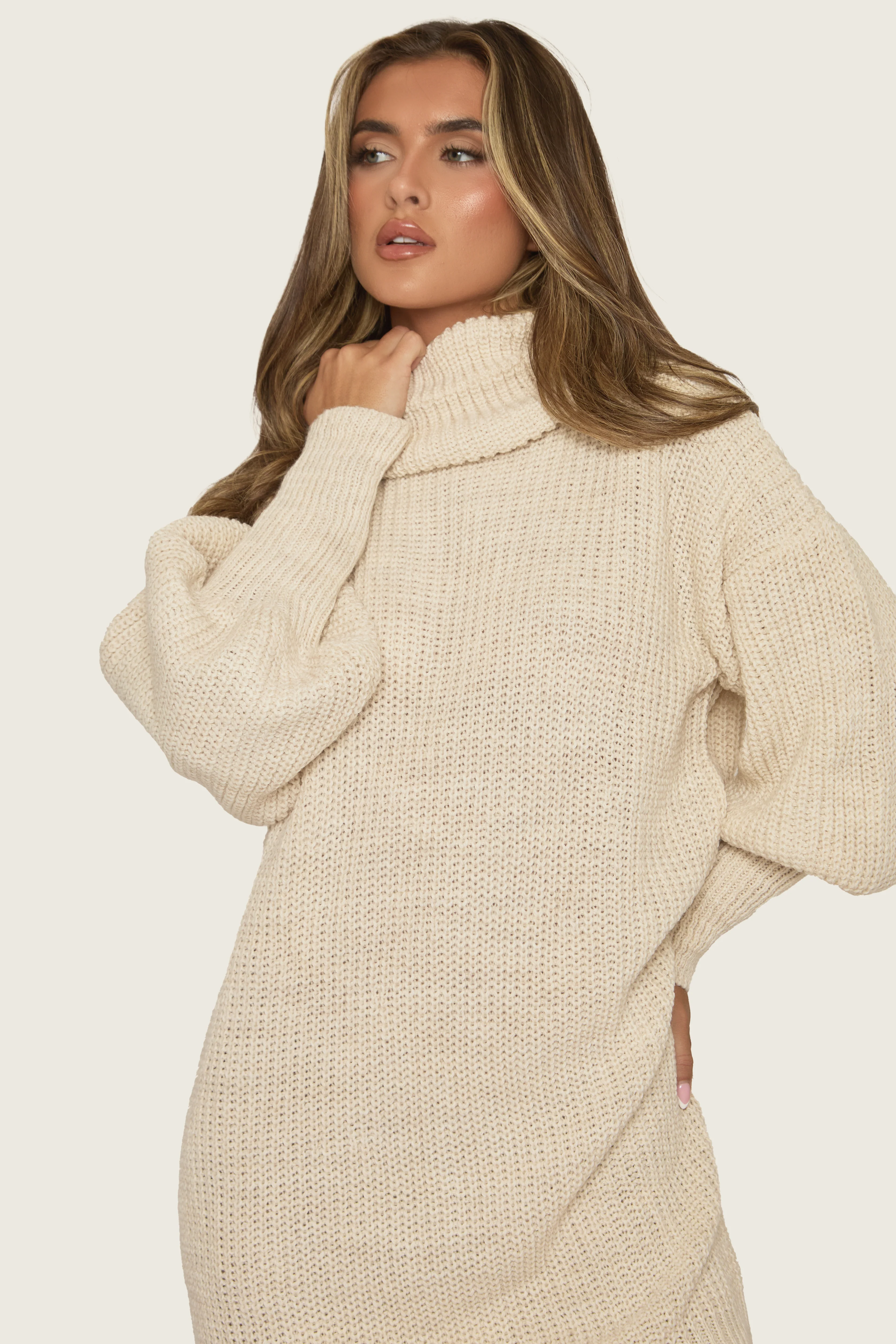 Beige Turtle Neck Knit Jumper Dress - Brooke - Image 3