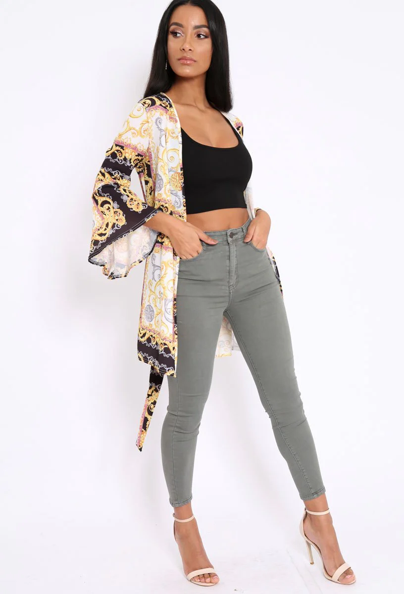 Black and Gold Scarf Print Flare Sleeves Kimono - Marley - Image 3