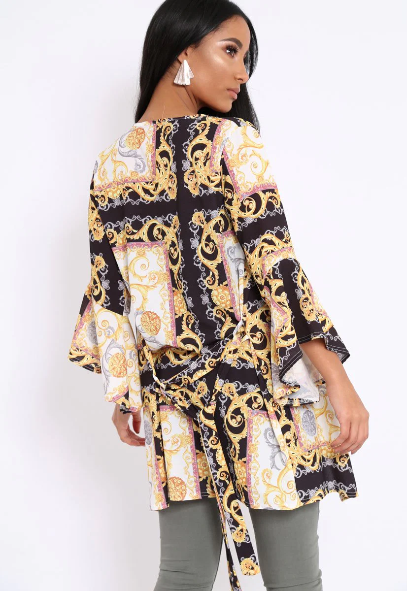 Black and Gold Scarf Print Flare Sleeves Kimono - Marley - Image 4