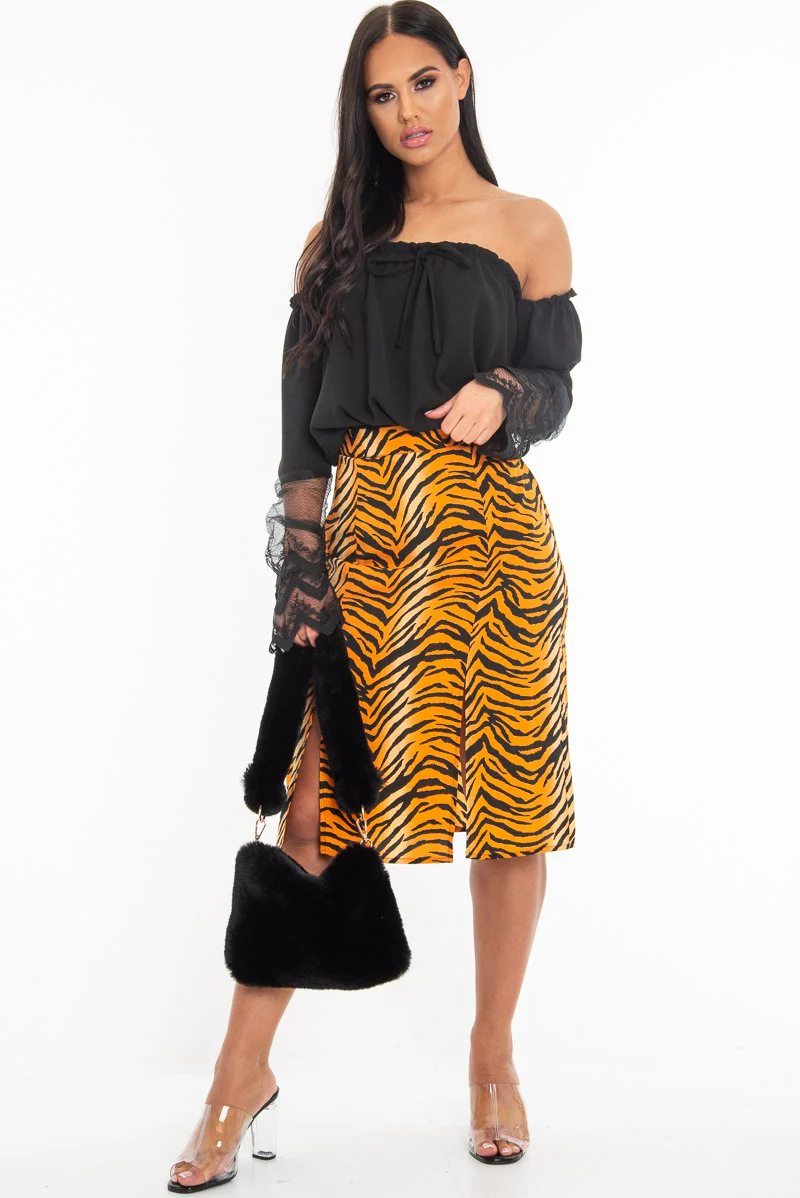 Black Bardot Mesh Lace Sleeve Tie Front Top - Mandy - Image 4