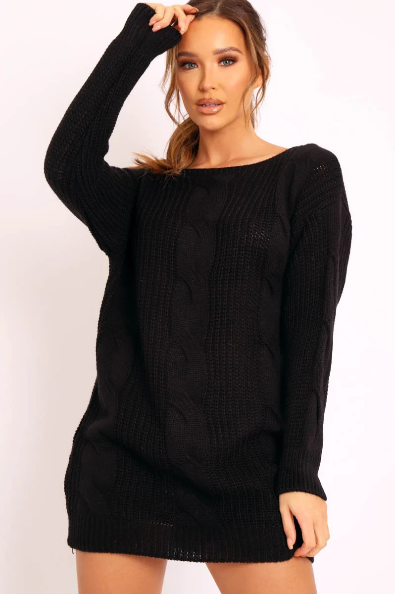 Black Cable Knit Off Shoulder Jumper Dress - Berry - Image 3