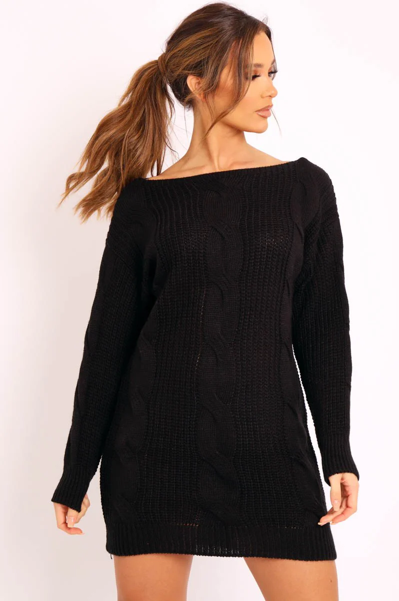 Black Cable Knit Off Shoulder Jumper Dress - Berry - Image 5