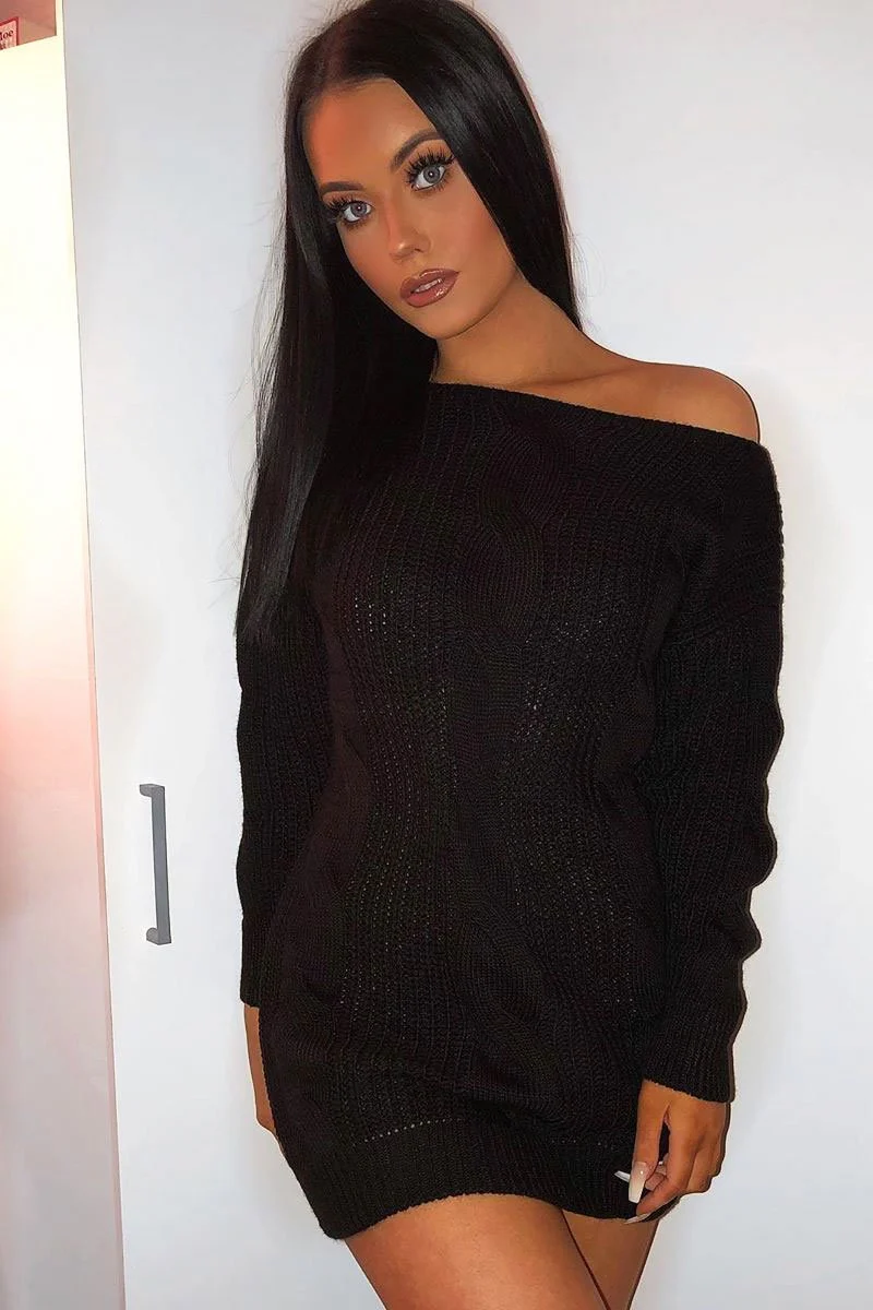 Black Cable Knit Off Shoulder Jumper Dress - Berry - Image 7