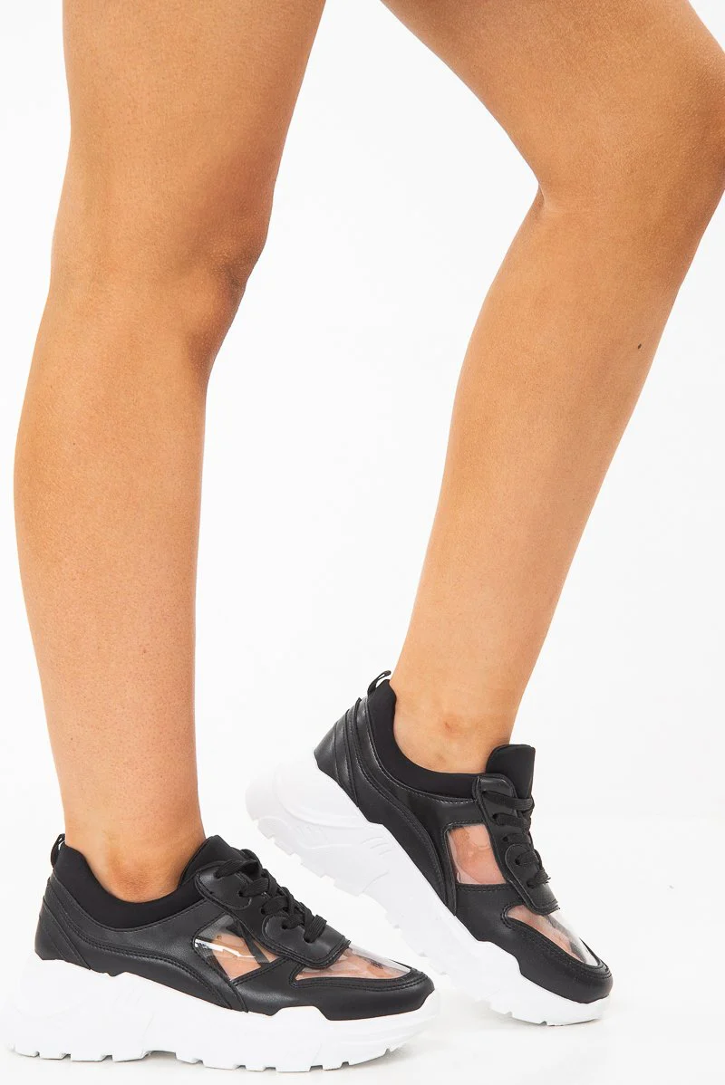 Black Clear Insert Lace Up Chunky Trainers - Shayli - Image 3