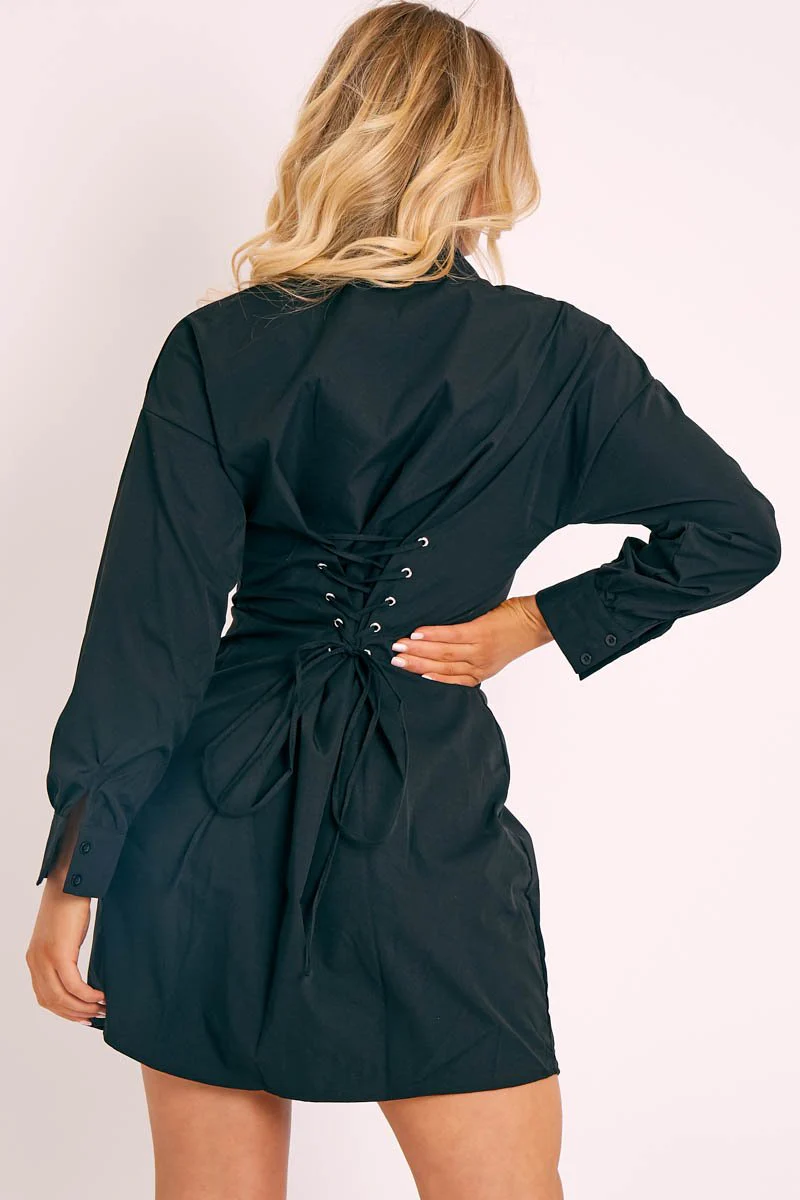 Black Corset Back Tailored Shirt Dress - Damoni - Image 5
