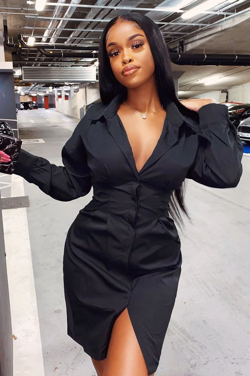 Black Corset Back Tailored Shirt Dress - Damoni - Image 6