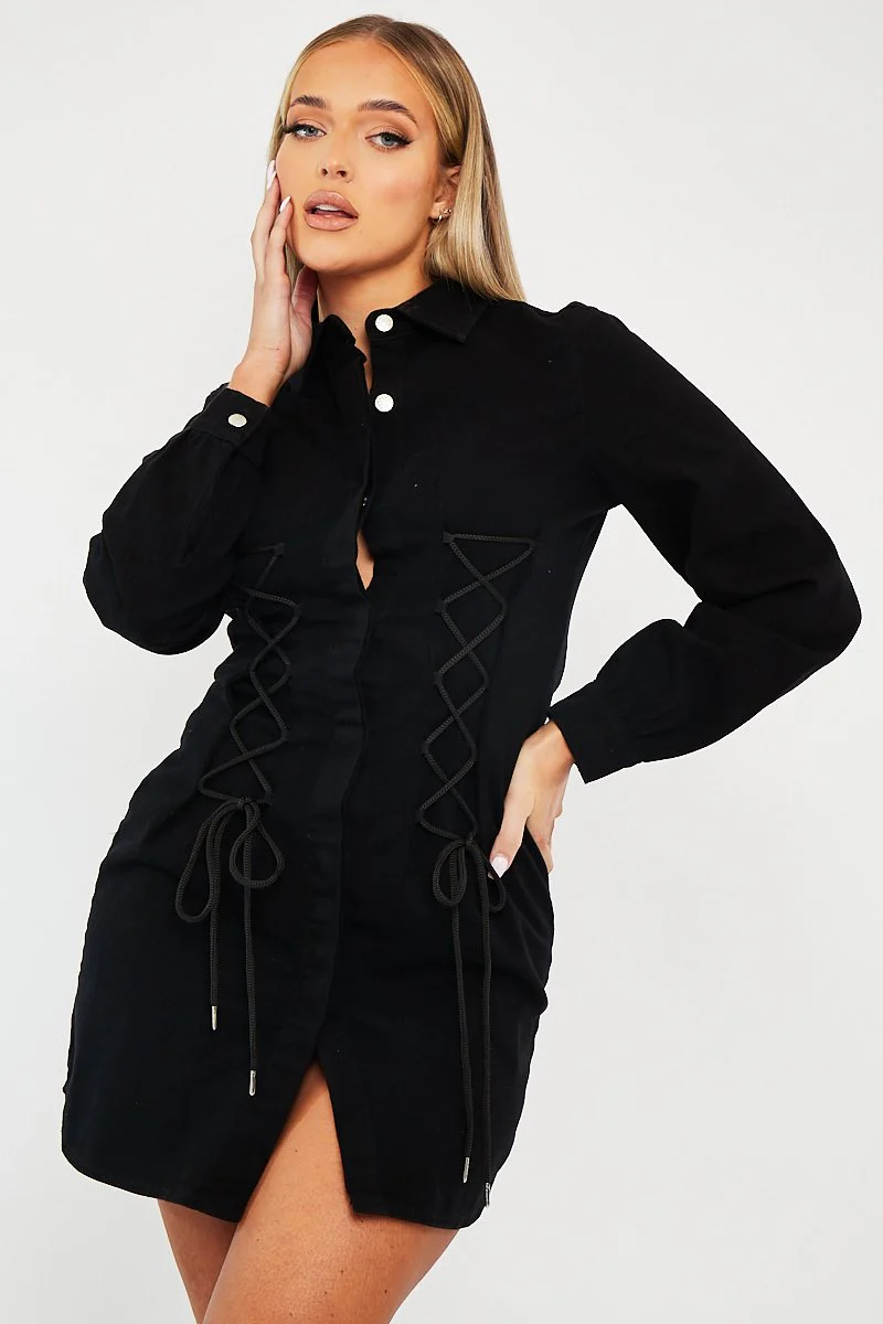 Black Corset Lace Front Denim Mini Dress - Galya - Image 3