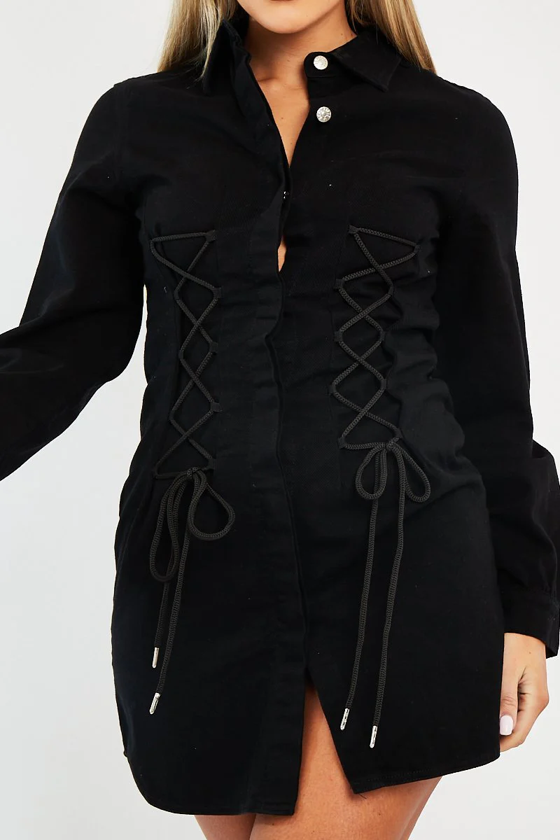 Black Corset Lace Front Denim Mini Dress - Galya - Image 4