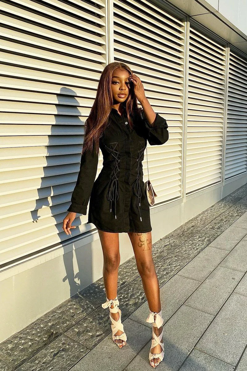 Black Corset Lace Front Denim Mini Dress - Galya - Image 6