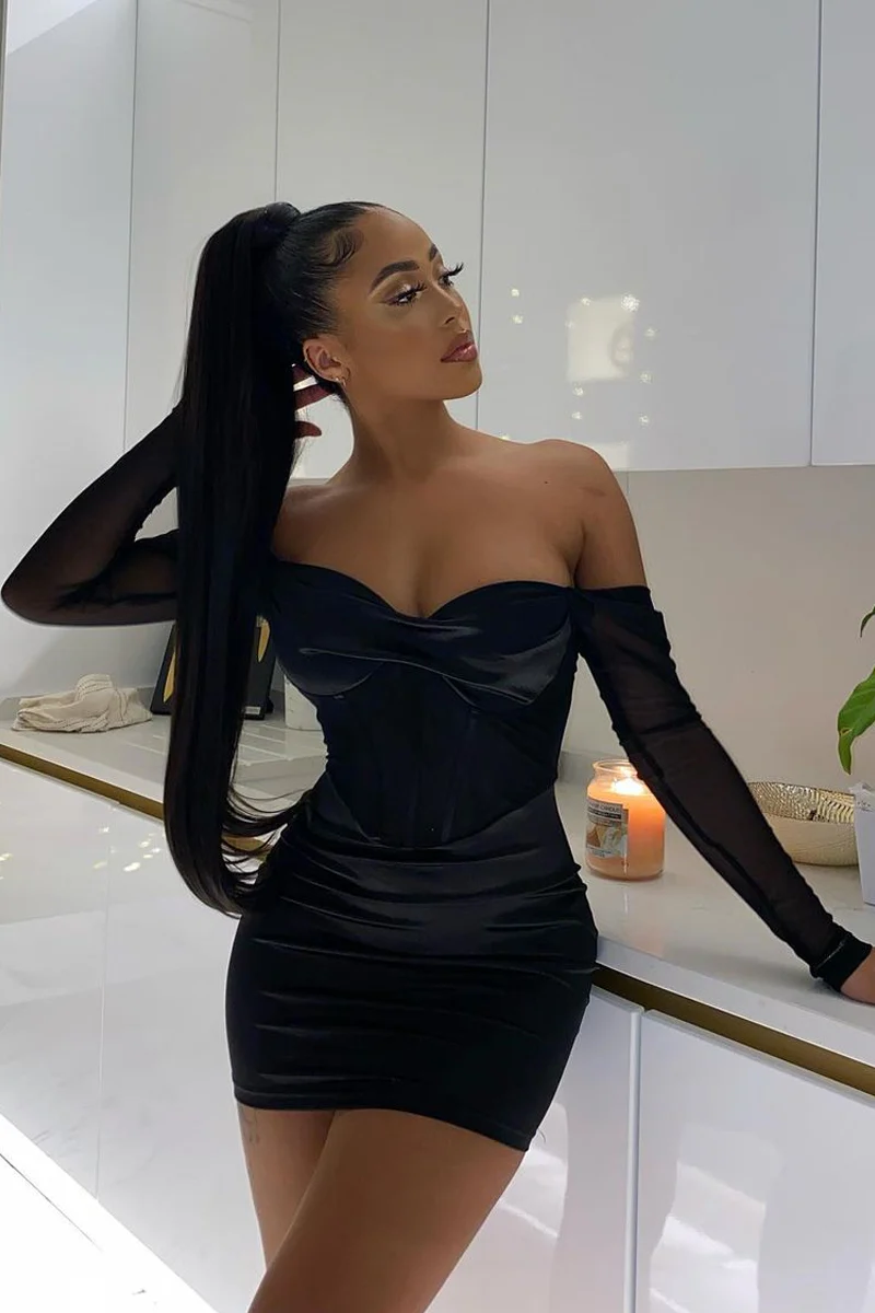 Black Corset Look Satin Mini Dress - Melody - Image 7