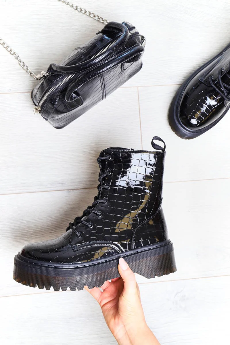 Black Croc Print Patent Leather Double Sole Boots - Dakoda - Image 3