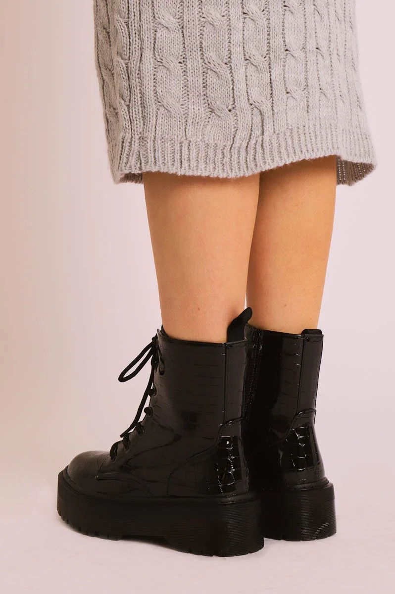 Black Croc Print Patent Leather Double Sole Boots - Dakoda - Image 6