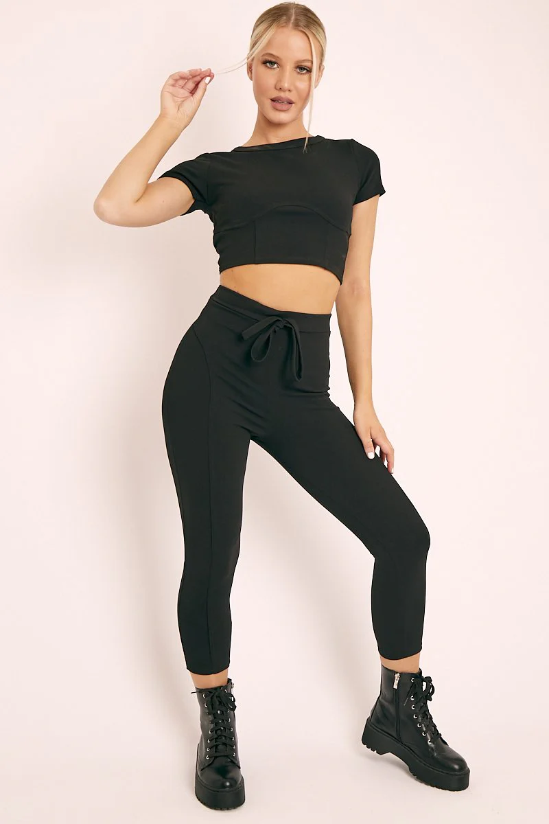Black Crop Top and Cropped Leggings Loungewear Co-ord - Zarah - Image 3