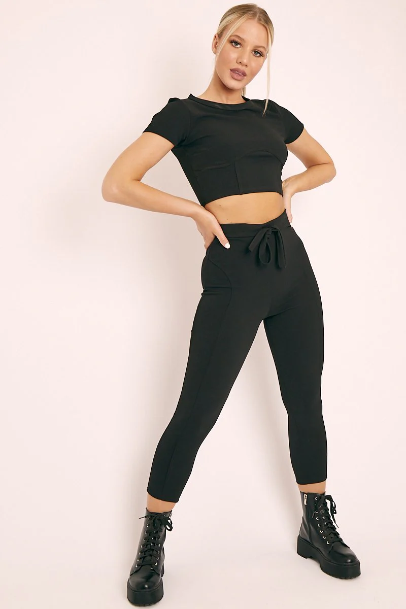 Black Crop Top and Cropped Leggings Loungewear Co-ord - Zarah - Image 4