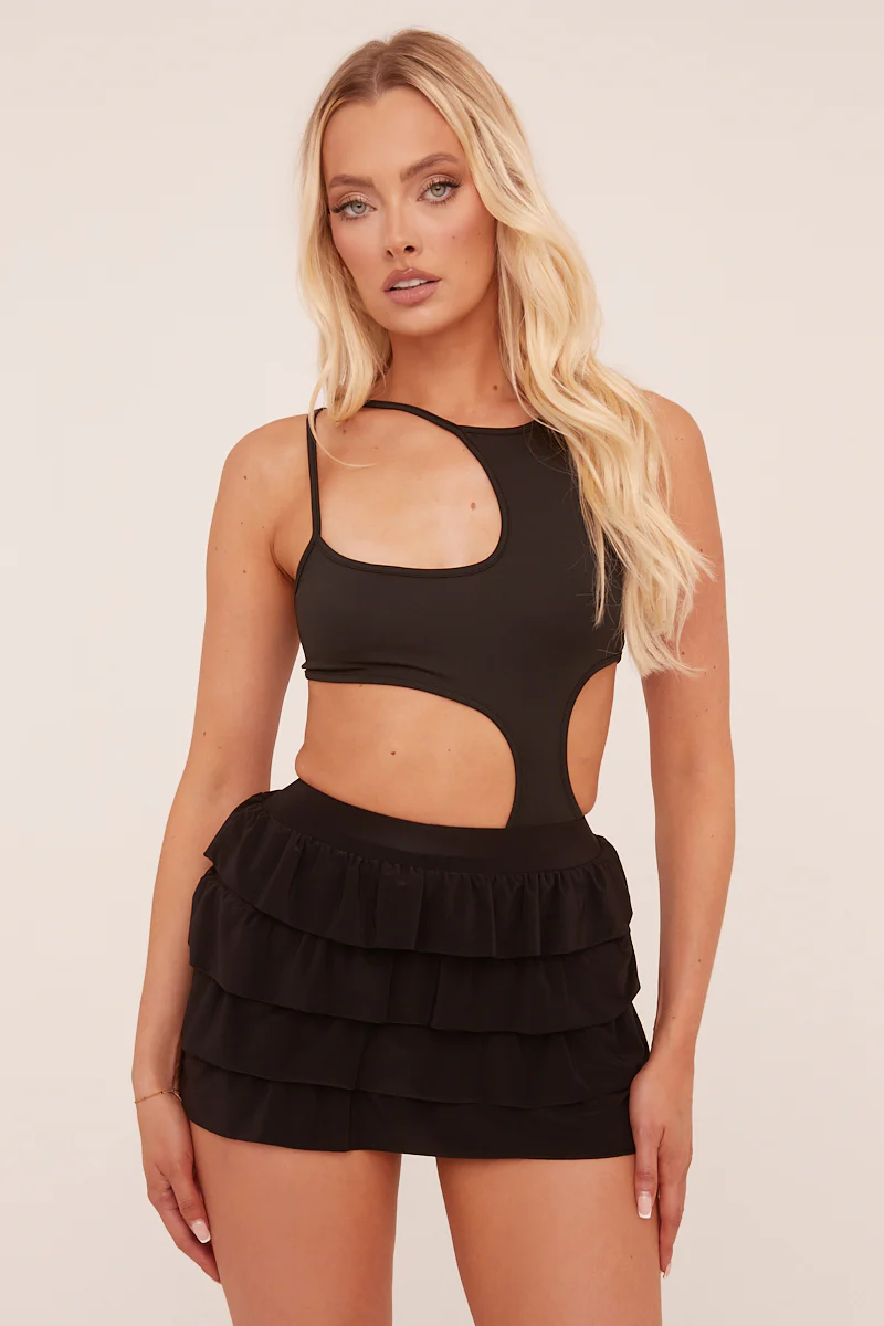 Black Cut Out Front Shoulder Straps Bodysuit - Ashely - Image 3