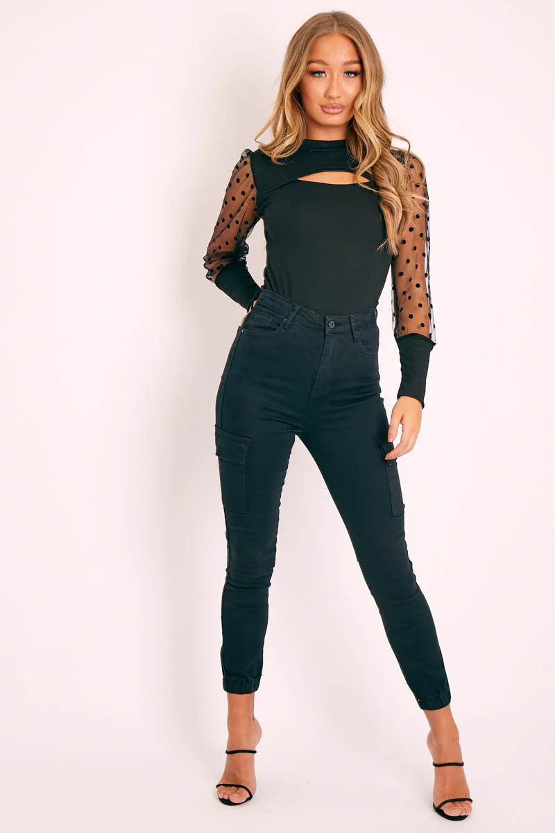 Black Denim Cargo Jeans - Destany - Image 3