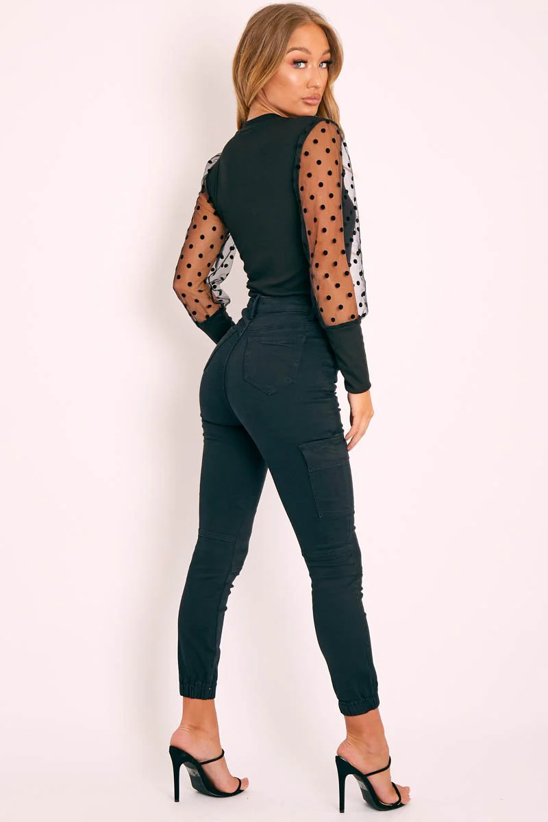 Black Denim Cargo Jeans - Destany - Image 4