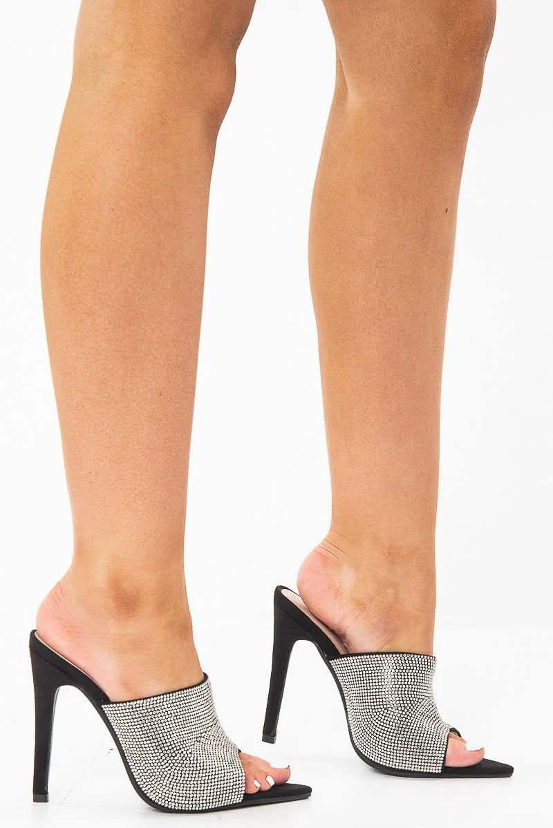 Black Diamante Pointed Toe Mule Heels - Isley - Image 4