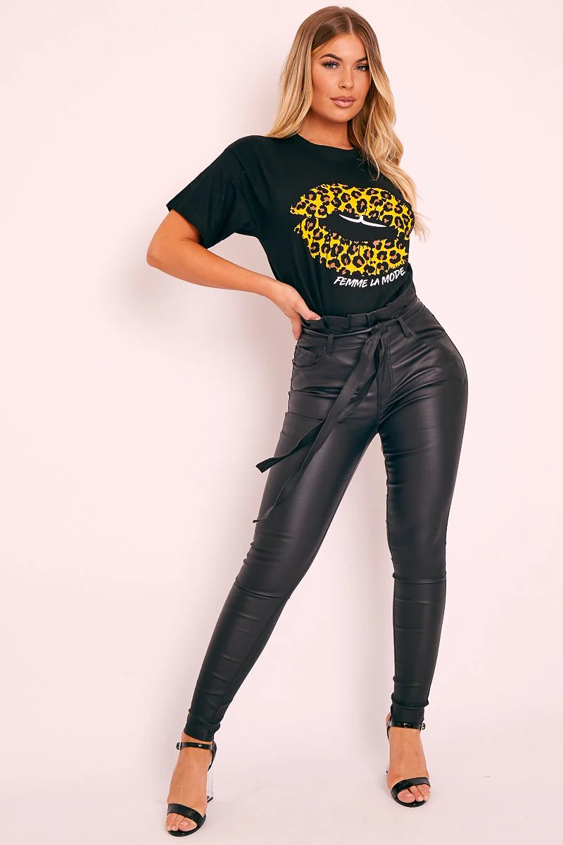 Black Faux Leather Belted Jeans - Braylea - Image 3